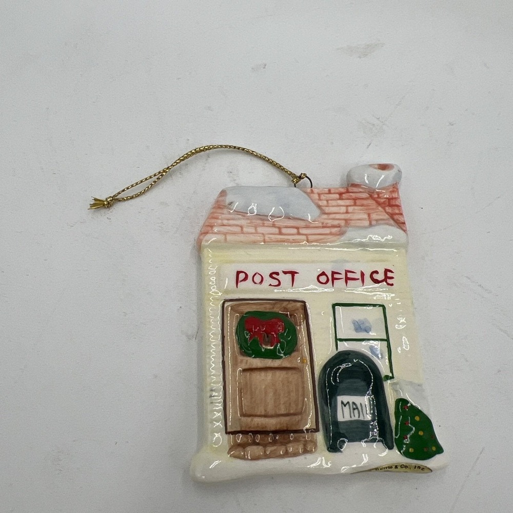 Vintage Schmid Ceramic Porcelain Christmas Tree Ornament Post Office 3 1/2" x 2"